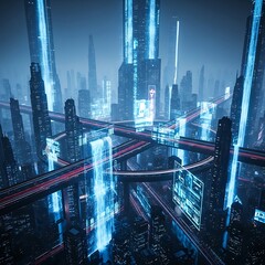 Futuristic Cityscape with Glowing Neon Lights and Elevated Highways.