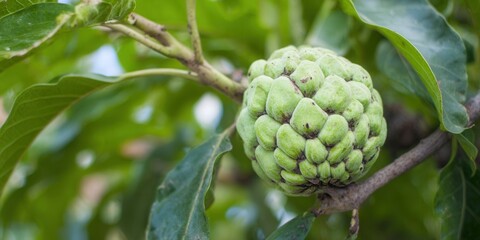 A fresh sugar apple, still attached to its branch, ready to be harvested and enjoyed.