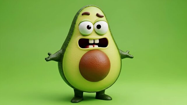 Funny 3D Avocado Cartoon Character on Green Screen - A comical 3D-video avocado character with a goofy expression stands against a bright green screen background.