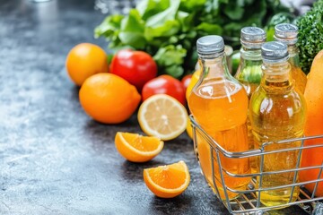 Freshly Squeezed Juice Bottles Surrounded by Fresh Fruits and Vegetables on a Rustic Kitchen Countertop, Ideal for Health and Wellness Concepts