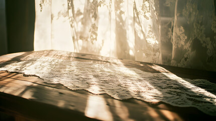 Warm sunlight streams through elegant lace curtains casting delicate shadows on a rustic wooden table surface.