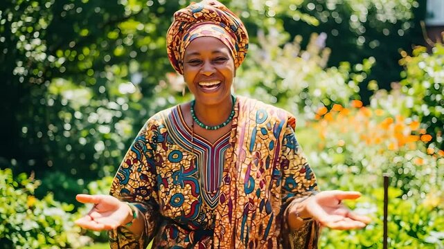 Happy African woman laughs in a garden setting. Promoting diversity, culture, positive emotions, community, and global connections. Ideal for cultural, lifestyle, or travel themes.