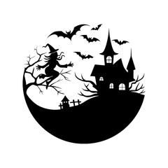 Silhouette of a witch flying on a broomstick with bats and haunted house for halloween night theme