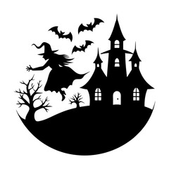Silhouette of a witch flying near a spooky castle with bats on a halloween night landscape scene