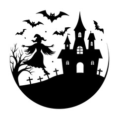 Silhouette of a witch flying over a graveyard with bats and a haunted house in a circular composition