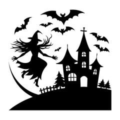 Silhouette of a witch flying near a haunted house with bats in the night sky halloween themed image