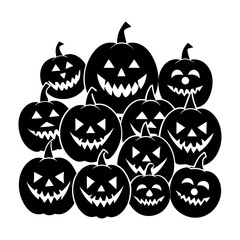 A collection of black halloween pumpkins with scary faces arranged in a group on a white background