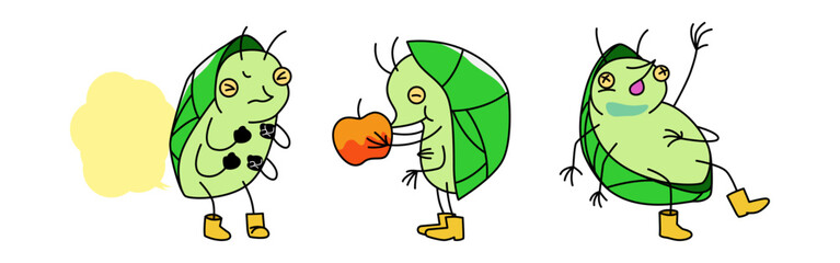 Anthropomorphic stink bugs performing odor emission, fruit juice feeding, and extermination death in a stylized cartoon illustration
臭いを放つ様子、果物の汁を吸う様子、退治されて死んでいく様子を描いた擬人化カメムシのスタイライズイラスト
