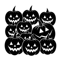 Silhouette of a collection of halloween pumpkins with carved faces and triangular eyes on a white background
