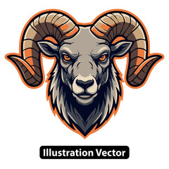 Powerful Ram Head Vector Illustration with Intense Gaze and Strong Horns, Ideal for Mascot or Logo Design