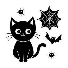 Black cat with spider web bat and spiders for halloween season in cartoon vector illustration style