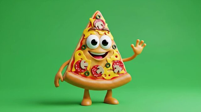 Funny Happy Pizza Slice Cartoon Character Waving - A cheerful 3D-animated pizza slice character with arms and legs waves hello against a bright green screen background.