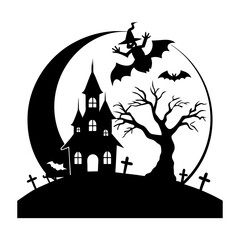 Silhouette of haunted house with bats, witch, tree, tombstones and moon in halloween night scene