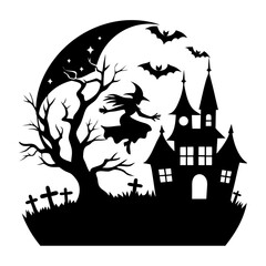 Silhouette of a witch flying near a haunted house with bats and tombstones under a crescent moon sky