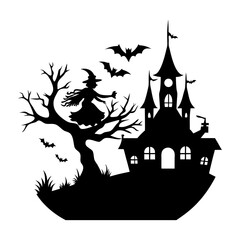 Silhouette of a witch on a tree with bats flying around a haunted castle on a halloween night scene