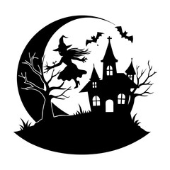 Silhouette of a witch flying in front of a crescent moon and a haunted house with bats in the sky