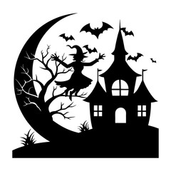 Silhouette of a witch on a tree next to a haunted house with bats and a crescent moon in the background