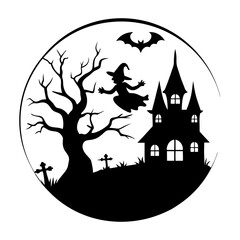 Silhouette of a halloween scene with a witch bat haunted house tree and tombstones in a circle design