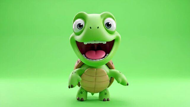 Funny Happy Cartoon Turtle on Green Screen - A cheerful 3D animated turtle character with big eyes laughs heartily.