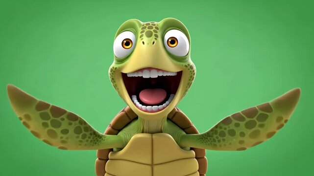 Funny Happy Cartoon Turtle on Green Screen - A cheerful 3D animated turtle character with big eyes laughs heartily against a bright green screen background.