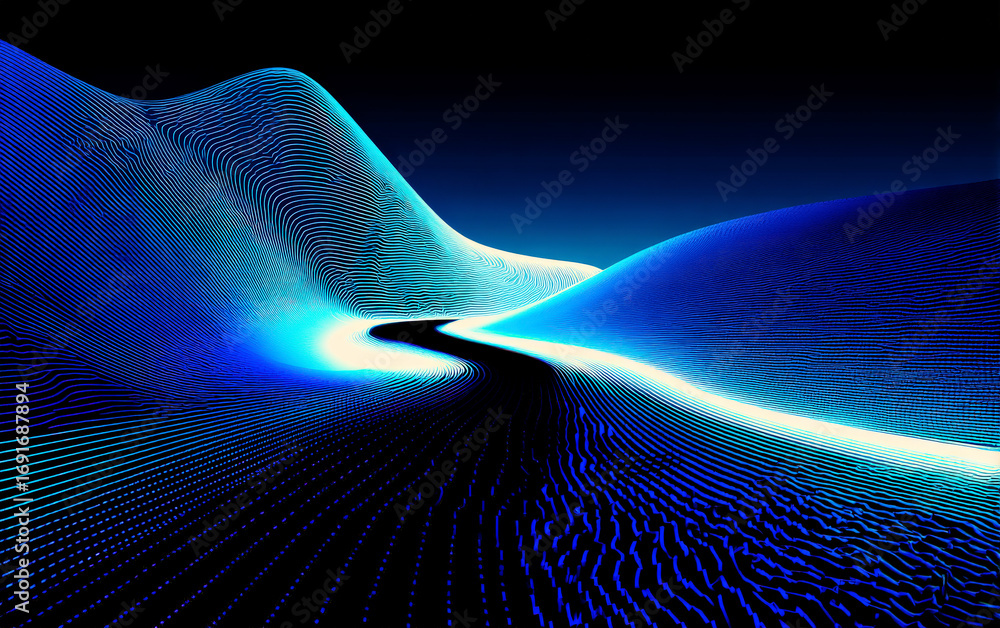 Poster abstract digital landscape with glowing blue waves and intricate patterns