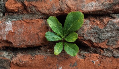 A small sprout emerges from a weathered brick wall