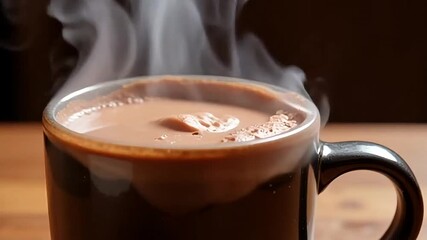 Steaming mug of rich hot chocolate with melting marshmallows on a cozy day - Powered by Adobe