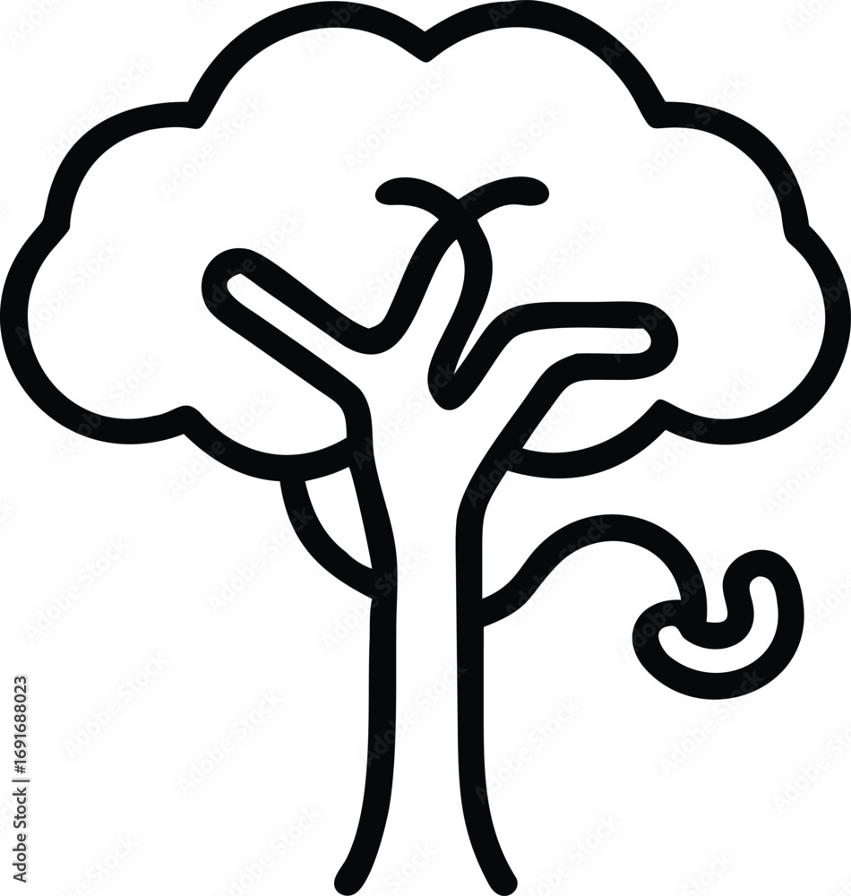 Poster Tree icon in outline style with curly branch for nature designs