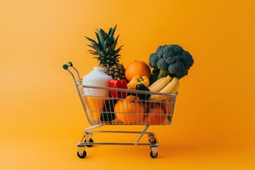 Fresh Produce in a Shopping Cart Against a Bright Yellow Background, Featuring Pineapple, Broccoli, Bananas, Oranges, and Other Colorful Vegetables and Fruits