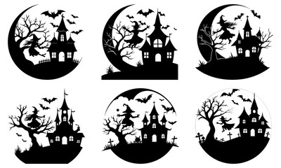 Collection of halloween themed silhouettes featuring witches, haunted houses, bats and crescent moons in black