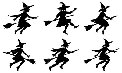 Silhouettes of six witches flying on brooms in various poses for halloween illustration design art
