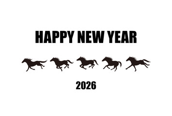 2026年午年　走る馬の連続ポーズシルエット年賀状　黒