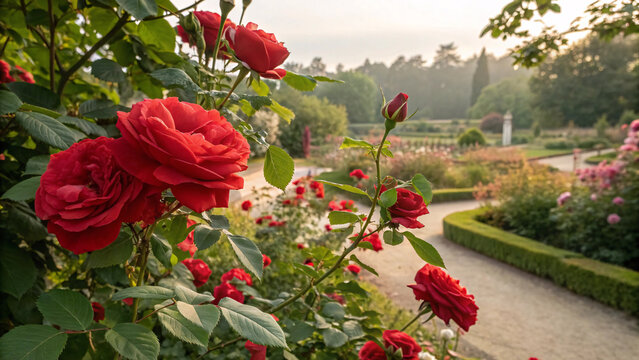 Vibrant red roses in full bloom along garden pathway with lush green foliage and formal landscaping in background during golden hour lighting. - Powered by Adobe