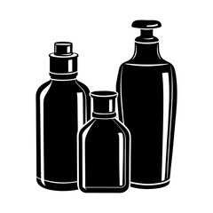 Illustration of three different shaped black bottles with various caps and dispensing mechanisms shown