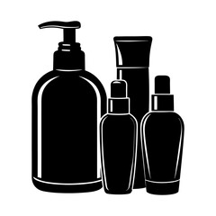 Silhouette illustration of various cosmetic containers including pump bottle and dropper bottles shown together