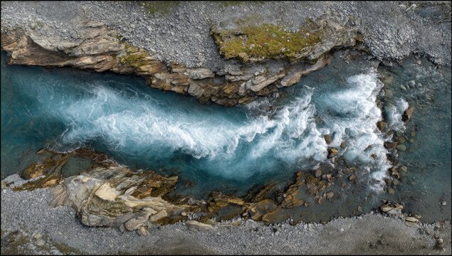 Aerial view of a turquoise river flowing through rocky terrain - Powered by Adobe