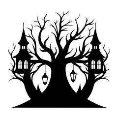 Silhouette of a spooky tree with hanging lanterns and small towers for a halloween illustration