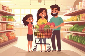 Happy Family Shopping Together in Grocery Store, Choosing Fresh Fruits and Vegetables, Enjoying Quality Time and Making Healthy Choices