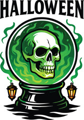 Halloween Crystal Ball With Skull Inside Green Smoke And Lanterns human skull