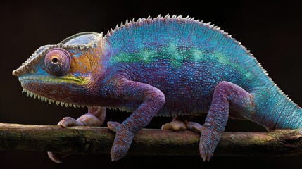 Obraz premium Vibrant Colorful Chameleon Perched Gracefully on a Branch Surrounded by Lush Greenery Creating a Captivating Scene of Nature and Wildlife