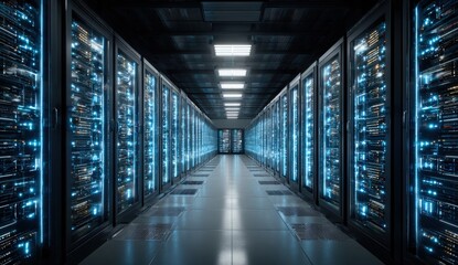 Server room hallway lit by blue light