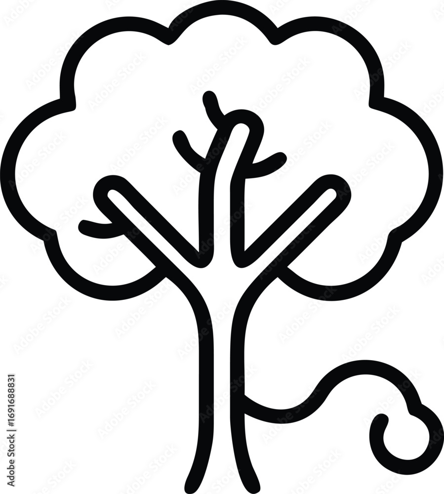 Poster tree icon with leaves and root in simple thick line style