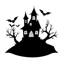 Silhouette of a haunted house with bats flying around and bare trees on a small hill in black and white