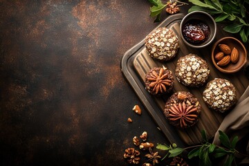 Healthy and Delicious Homemade Cookies with Nuts, Oats, and Sweet Fruit Jam on Rustic Wooden Tray Surrounded by Green Leaves and Nuts