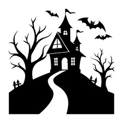 Silhouette of a haunted house on a hill with bats flying around and bare trees on either side of it