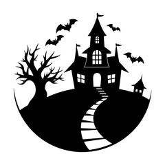 Silhouette of haunted house with bats and bare tree in a circular halloween themed composition