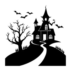 A spooky haunted house silhouette on a hill with a winding path and bats flying in the night sky scene