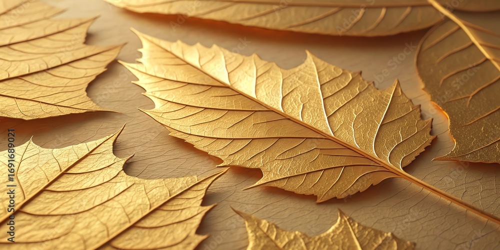 Poster close up of textured golden maple leaves scattered on a warm textured background symbolizing autumn 