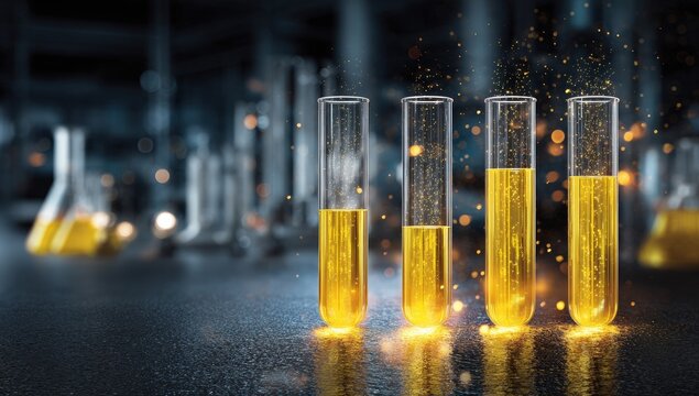 Four test tubes filled with a golden liquid, set against a blurred backdrop of laboratory equipment