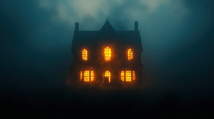 Haunted house in fog at night, eerie glow, spooky atmosphere, stock photo